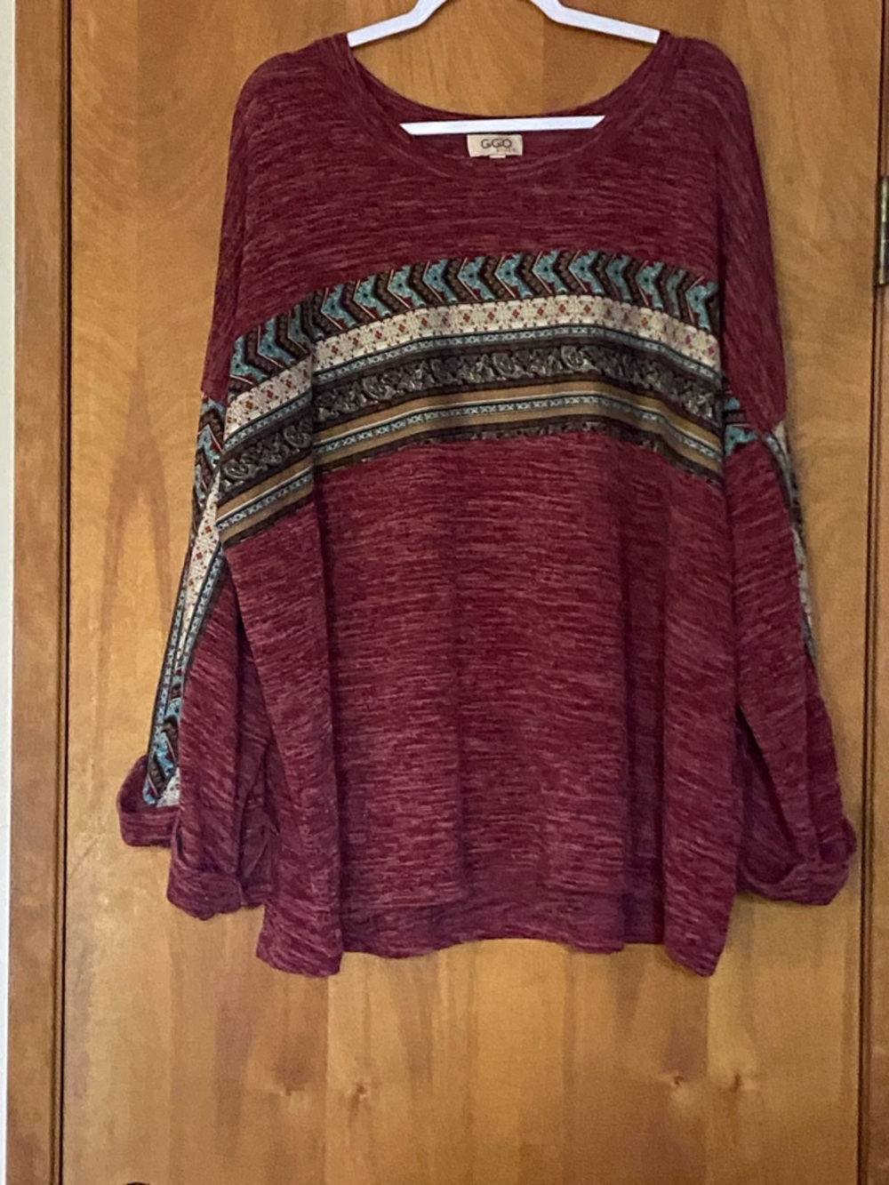 GGO Marled Burgundy Pattern-Trim Pullover Sweatshirt